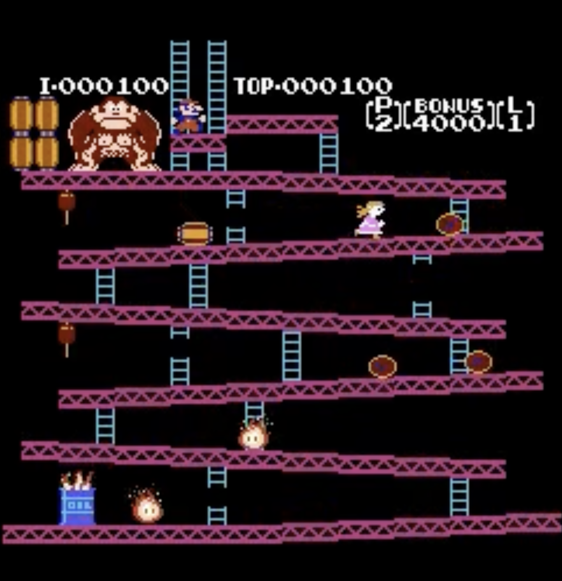 Screen capture of Donkey Kong with Mario and Pauline's roles reversed